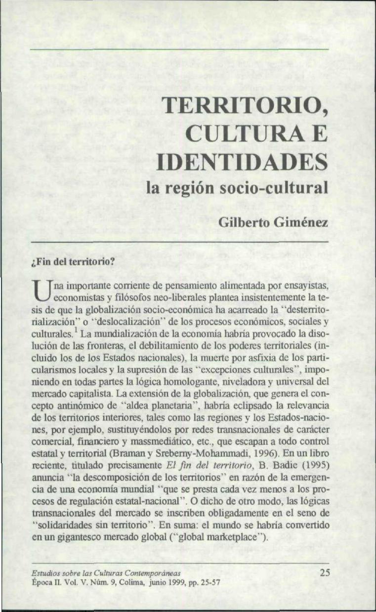 Territorio, cultura e identidades la region socio-cultural